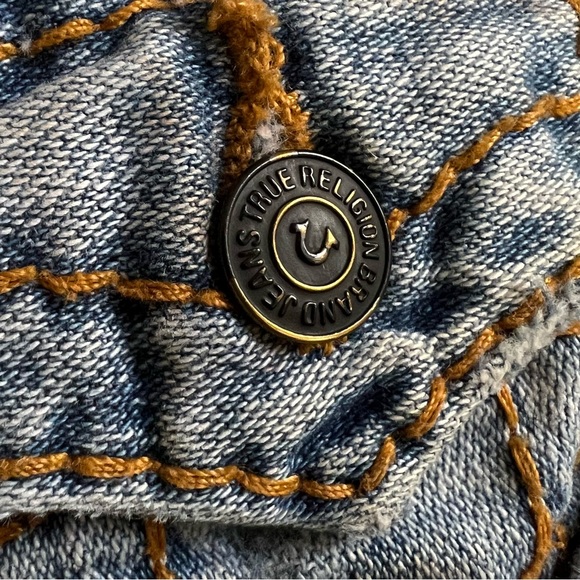 True Religion Big T Straight Flap Red Orange Stitch Distressed Denim Blue Jeans - Picture 7 of 16